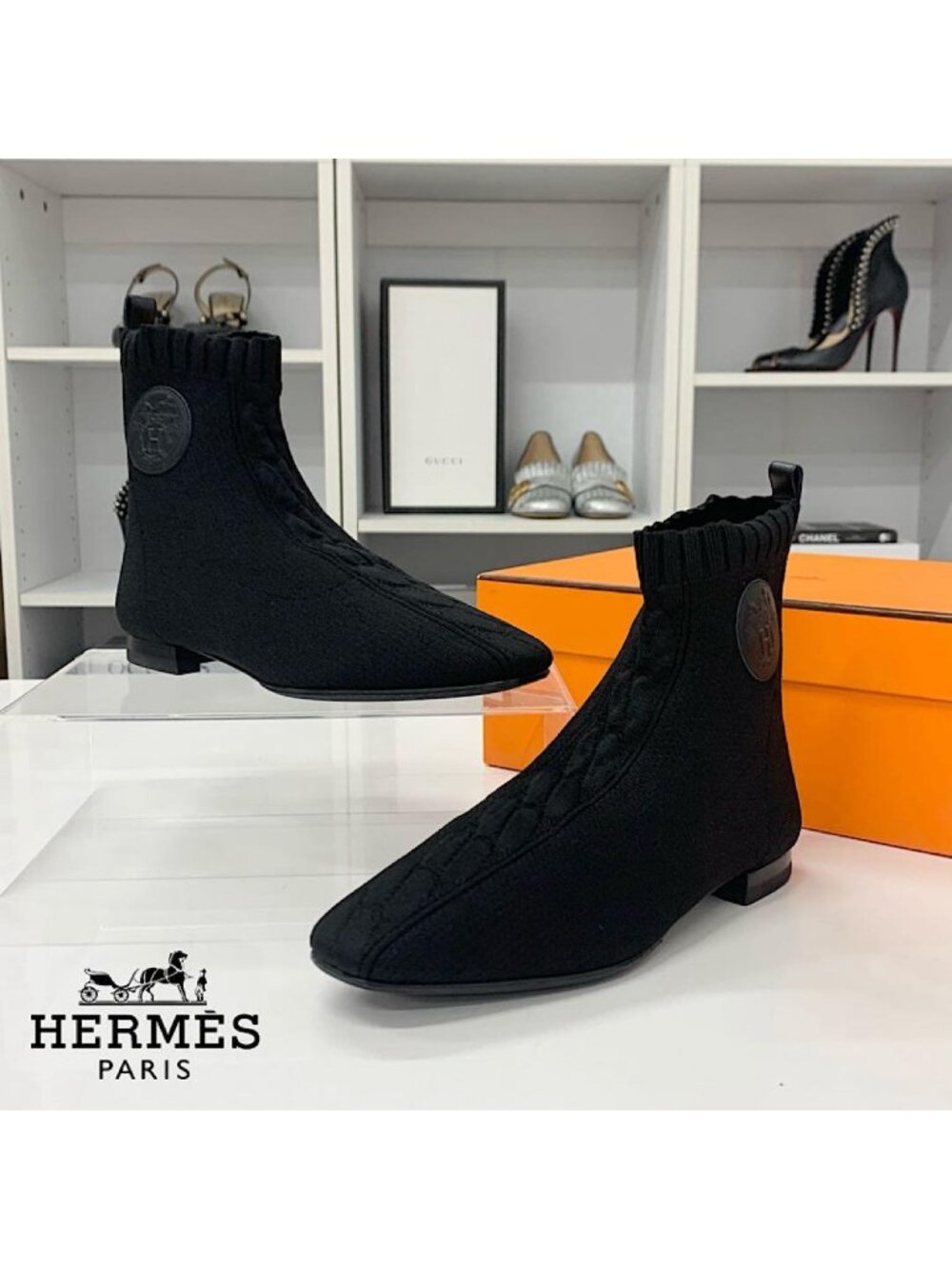 Hermes Duo Knit Ex-libris Short Boots Black